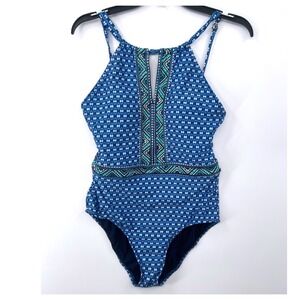 Jantzen One Piece Swimsuit Womens 10 Blue Geometric High Neck Keyhole JZSS7645